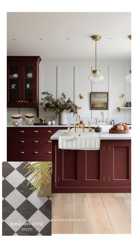 Burnt Red Kitchen, Dark Burgundy Kitchen Cabinets, Maroon Cabinets, Maroon Kitchen Cabinets, Deep Red Kitchen, Burgundy Kitchen Cabinets, Dark Red Kitchen, Maroon Kitchen, Victorian Farmhouse Kitchen