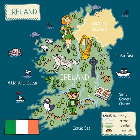 cartoon map of Ireland Cartoon Map, Ireland Map, World Countries, Galway Ireland, Book Of Kells, Irish Sea, Cork Ireland, Travel History, Table Names