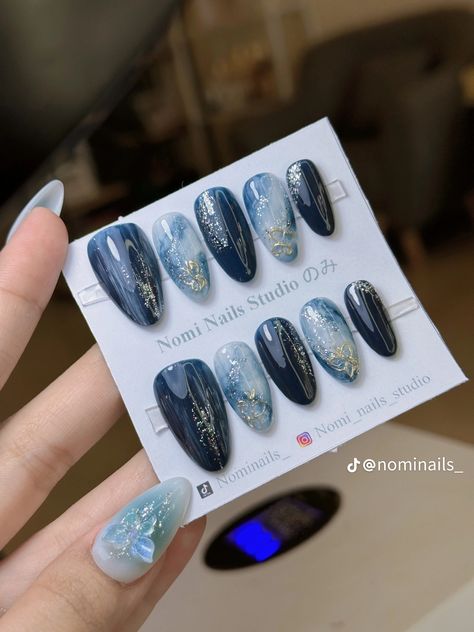 Pressed On Nails Design, Navy Blue Nail Designs, Army Nails, Nails Styles, Korean Nail, Navy Blue Nails, Korean Nail Art, Nail Polish Storage, Fancy Nails Designs