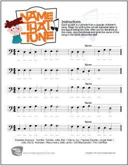 Name That Tune | Free Bass Clef Note Name Worksheet (Digital Print) - Visit MakingMusicFun.net for free and premium sheet music, music lesson plans, and composer biographies and worksheets. Music Theory Worksheets Free Printable, Free Music Theory Worksheets, Piano Theory, Music Flashcards, Rhythm Worksheets, Music Theory Games, Music Orchestra, Learn Music Theory, Teaching Piano