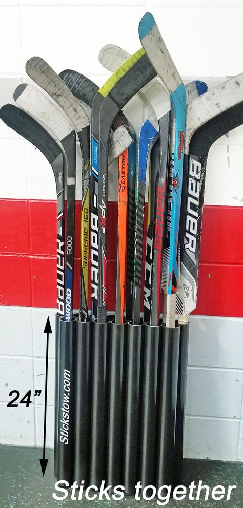 Hockey Stick Storage Ideas, Hockey Stick Garage Storage, Hockey Stick Storage, Hockey Stick Holder Diy, Hockey Stick Wall Mount, Hockey Stick Holder, Backyard Rink, Hockey Bag, Pick Up Sticks