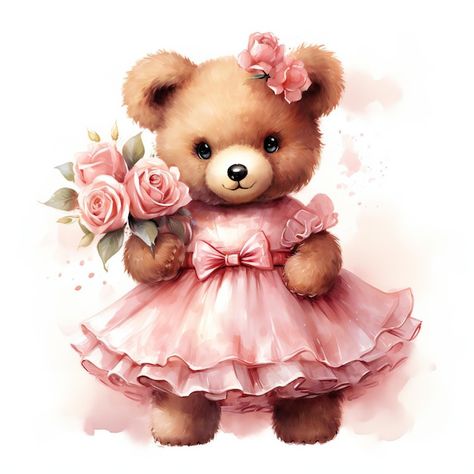 a drawing of a teddy bear with flowers and a pink ribbon. Teddy Bear With Flowers, Bear With Flowers, Teddy Bear Pink, Teddy Bear Drawing, Bear Drawing, A Teddy Bear, A Drawing, Pink Ribbon, Premium Photo