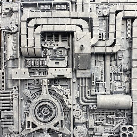 Greebles Sci Fi, Machinery Drawing, Industrial Sci Fi, Machine Aesthetic Architecture, Sci Fi Mechanic Aesthetic, Sci Fi Machine Concept Art, Sci Fi Industrial Building, Scifi Wall, Industrial Planet Sci Fi