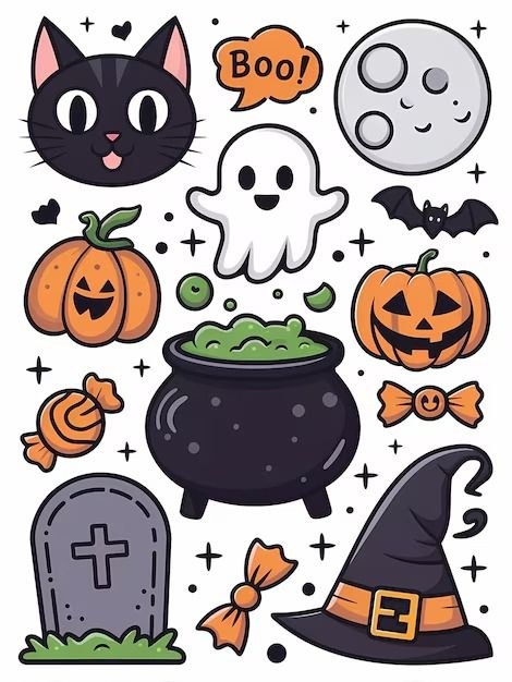 Walidberchid23 | Freepik Happy Halloween Clip Art, Cute Haunted House Drawing, Halloween Sticker Ideas, Halloween Journal Ideas, Halloween Stickers Aesthetic, Cute Pumpkin Drawing, Halloween Desenhos, Dibujo Halloween, Cute Halloween Doodles