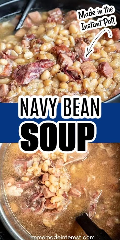 Instant Pot navy bean soup is a delicious blend of ham and navy beans cooked together in an Instant Pot until the ham is falling off the bone and the navy beans are perfectly tender. This recipe from Home. Made. Interest. is an awesome way to use up leftover holiday ham, especially if you have a ham bone too! This soup gives you all of the great flavors of the classic recipe, but in just 2 hours AND you don’t have to soak the beans! Navy Bean And Ham Soup With Canned Beans, Navy Bean And Ham Soup Stove Top, Navy Bean Soup Instant Pot, Navy Bean Soup Recipes, Ham And Navy Beans, Instant Pot Bean Soup, Navy Beans And Ham, Navy Bean Recipes, Bean Soup Crockpot