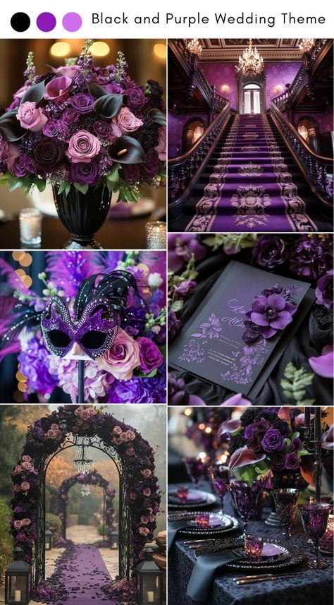 Black and purple wedding theme ideas for a dark, sophisticated palette. Wedding Theme Ideas Color, Purple And Black Wedding Theme, Black And Purple Wedding Theme, Purple Wedding Theme Ideas, Purple And Black Wedding, Black And Purple Wedding, Black Wedding Theme, Galaxy Wedding, Modern Chic Wedding