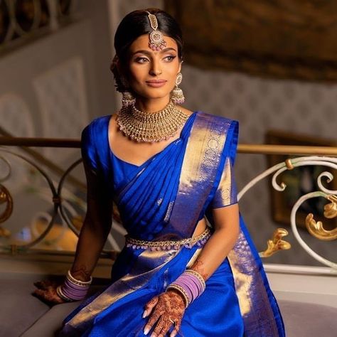 Royal Blue Bridal Saree, Royal Blue Wedding Saree Bridal, Tamil Bride Saree, Royal Blue Pattu Saree Wedding, Blue South Indian Saree, Royal Blue Wedding Saree, Blue Saree Bride, Royal Blue Pattu Saree, Royal Blue Saree Look