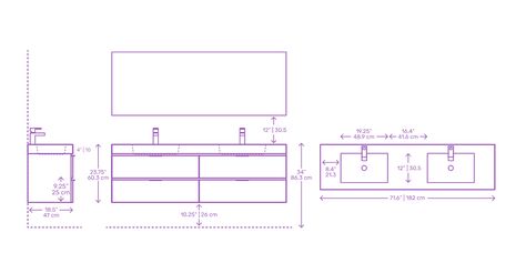 Modern Wall Mounted Double Bathroom Vanity Dimensions & Drawings | Dimensions.com Bathroom Vanity Dimensions, Double Bathroom Vanities, Antique Bathroom Decor, Vanity Height, Sink Drawing, Vanity Dimensions, Double Sink Cabinet, Beach House Bathrooms, Bathroom Sink Dimensions