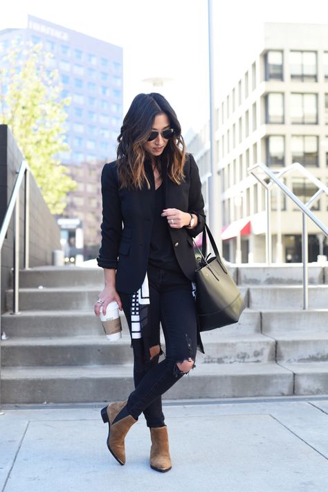 All Black Outfit Brown Boots, Black Outfit Tan Boots, Black Jeans Tan Boots Outfit, Tan Suede Ankle Boots Outfit, Brown Suede Booties Outfit, Brown Suede Ankle Boots Outfit, Black Outfit Brown Boots, Black Suede Ankle Boots Outfit, Black Jeans Brown Boots Outfit