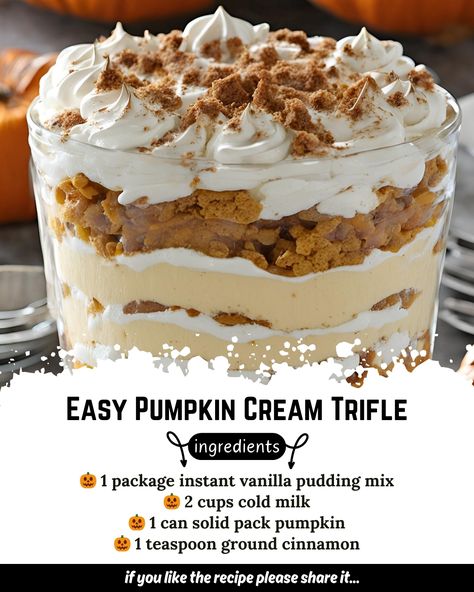 Easy Pumpkin Cream Trifle Ingredients: - 🎃 1 (5.1 ounce) package instant vanilla pudding mix - 🎃 2 cups cold milk - 🎃 1 (15 ounce) can solid pack pumpkin - 🎃 1 teaspoon ground cinnamon - 🎃 1/2 teaspoon ground ginger - 🎃 1/4 teaspoon ground cloves - 🎃 1 (12 ounce) container frozen whipped topping, thawed - 🎃 1 (10.75 ounce) package prepared pound cake, cut into cubes - 🎃 1/2 cup chopped pecans, toasted (optional) Directions: 1. **Prepare Pudding:** In a large bowl, whisk together the insta... Easy Pumpkin Cream Trifle, Pumpkin Cream Trifle, Pumpkin Trifle, Pumpkin Fluff, Trifle Pudding, Pumpkin Pudding, Trifle Dish, Pumpkin Roll, Vanilla Pudding Mix