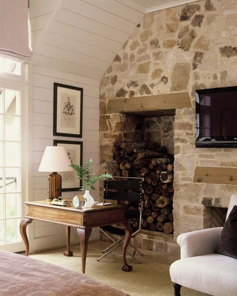 Brown Interiors, Stone Fireplace Wall, Bedroom Eclectic, Stone Walls Interior, Interior Design Portfolios, Stone Interior, Brown Interior, Traditional Bedroom, Ship Lap Walls