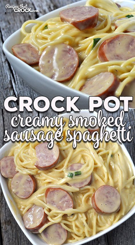 This Creamy Crock Pot Smoked Sausage Spaghetti is a super simple recipe that the entire family will love! It is the perfect recipe to mix up spaghetti night! Crock Pot Recipes With Sausage, Smoked Sausage Pasta Crockpot, Conecuh Sausage Recipes Crockpot, Creamy Sausage Spaghetti, Ring Sausage Crockpot Recipes, Smoked Sausage Recipes Easy Crock Pot, Crock Pot Smoked Sausage Recipes, Sausage And Spaghetti Recipes, Smoked Sausage Spaghetti Recipes