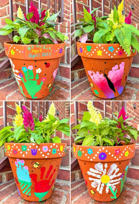 Handprint and footprint flower pot ideas! Hand Print Flower Pot Mothers Day, Flower Pot Grandma Gift, Kid Flower Pot Craft, Baby Flower Pot Crafts, Flower Pot Hand Print Craft, Clay Pots For Mother's Day, Mother’s Day Terracotta Pot Ideas, Toddler Flower Pot Painting, Handprint Plant Pot