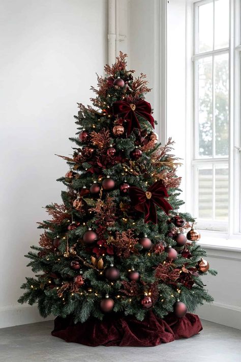 Elegant burgundy and brown Christmas tree adorned with festive decorations and twinkling lights. Brown Burgundy Christmas Tree, Cozy Christmas Tree Decorations, Christmas Tree Decoration Inspiration, Maroon Christmas Tree Burgundy, Juniper Christmas Tree, Mixed Metal Christmas Tree, Twinkling Christmas Tree, Brown And Burgundy Christmas Tree, Christmas Tree Ideas Burgundy