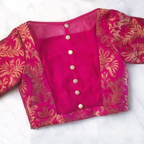 Silk Saree Blouse Designs - Pink Blouse In Banaras And Silk Stylish Silk Blouse Designs, Blouse For Pink Silk Saree, Airhostess Blouse Designs, Gharchola Saree Blouse Design, Silk Saree Blouse Sleeves Design, Gharchola Blouse Designs, Banaras Pink Saree Blouse Designs, Silk Blouse Sleeves Design Latest, Pink Banarasi Silk Blouse With Self Design