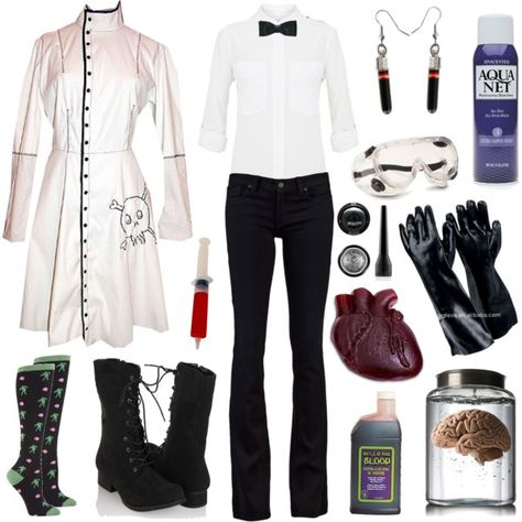 Mad Scientist, created by azurafae on Polyvore Frankenstein Scientist Costume, Evil Scientist Outfit, Diy Mad Scientist Costume Women, Scientist Costume Women, Mad Scientist Aesthetic Outfit, Scientist Outfit Women, Mad Scientist Costume Women's, Frankenstein Costume For Women, Mad Scientist Makeup