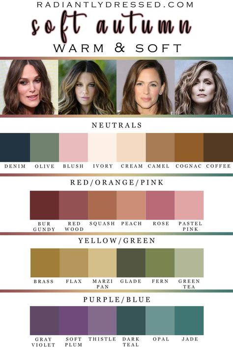 All About Soft Autumn: Explore the 12 Seasons at Radiantly Dressed Cool Autumn Color Palette, Soft Autumn Color Palette Outfits, Radiantly Dressed, Soft Autumn Makeup, Autumn Color Palette Fashion, Soft Autumn Palette, Deep Autumn Color Palette, Autumn Skin, Soft Autumn Color Palette