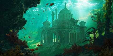 ArtStation - Underwater castle, Anna Razvadovskaya Underwater Buildings Art, Mermaid Castle Underwater, Mermaid House Underwater, Castle Underwater, Underwater Building, Underwater Library, House Underwater, Underwater Castle, Mermaid Castle