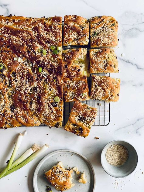 Scallion and Sesame Focaccia — Peter Som Chinese Scallion Pancakes, Peter Som, Five Spice, Scallion Pancakes, Oven Fried Chicken, Five Spice Powder, Focaccia Bread, How To Make Sandwich, Savoury Baking