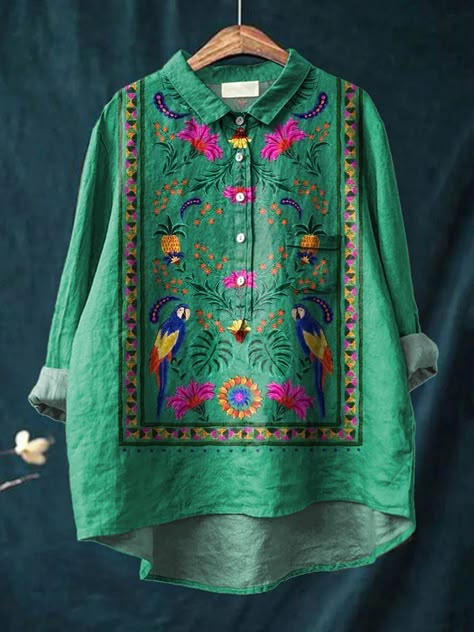 Embroidery On Green Fabric, Embroidery On Shirts, Floral Motifs Design, Long Length Blouse, Drawing Fabric, Casual Bridal Dress, Linen Style Fashion, Stylish Kurtis Design, Parrots Art