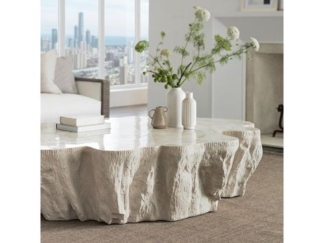 Stone Wood Coffee Table, Rock Table, Interior Design Bedroom Small, Stone Coffee Table, Outdoor Coffee Table, Natural Tree, Unique Coffee Table, Cream Tones, Shell Top