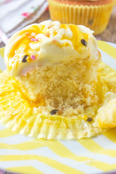 Passion Fruit Muffin Recipes, Passion Fruit Cupcakes Recipe, Passion Fruit Cupcakes, Fruit Coulis, Carrot Cupcake Recipe, Perfect Cupcakes, 4 Cupcakes, Passionfruit Recipes, Fruit Cupcakes