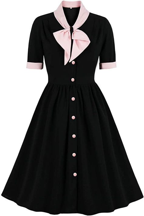 Amazon.com: Vintage Women 1940s Bow Tie Neck Dress Retro 40s 50s Button Up Business Work A-line Cocktail Dresses : Clothing, Shoes & Jewelry Short Sleeve Prom Dresses, A Line Cocktail Dress, Tie Neck Dress, Retro Mode, Rockabilly Dress, Vintage Short, Vestidos Vintage, Black Knees, Prom Dresses With Sleeves