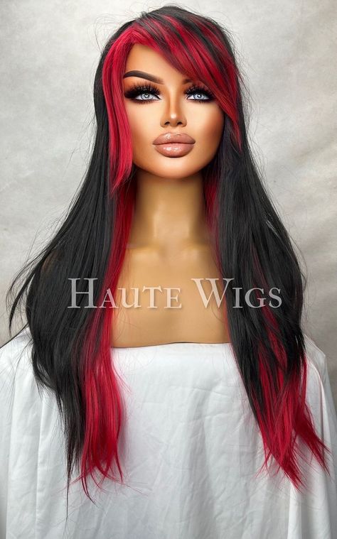 Dyed Streaks In Hair, Long Emo Hair, Halo Hair Colors, Red Hair Streaks, Iron Hairstyles, Afro Hair Sims 4 Cc, Bright Red Highlights, Unusual Hair Colors, Red Hair With Highlights