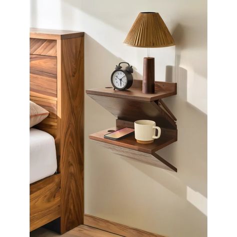 Ebern Designs Bisma Floating Nightstand 2 Piece Set, Z-Shape Walnut Wood Floating Bedside Tables for Bedroom | Wayfair Hanging Side Table, Floating Bedside Tables, Wall Mounted Nightstand, Mounted Nightstand, Floating Bedside Table, Bedside Shelf, Nightstand Set, Warm Bedroom, Nightstand Set Of 2