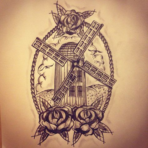 Traditional Windmill Tattoo, Windmill Tattoo Design, Tattoo Farm, Nebraska Tattoo, Windmill Tattoo, Farm Tattoo, Dutch Tattoo, Traditional Tattoo Stencils, Tulip Tattoo