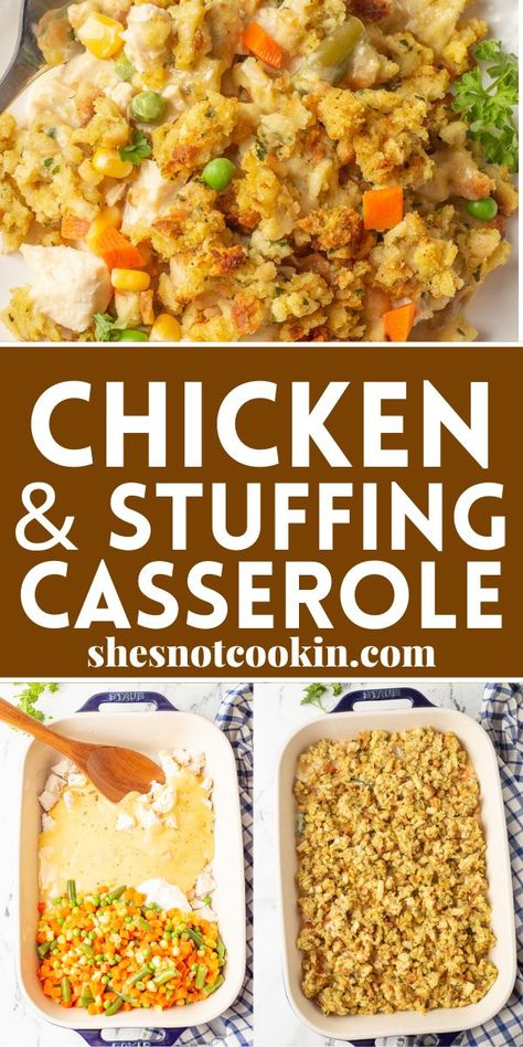 Chicken & Stuffing casserole served on a white plate. Easy Chicken And Stuffing Casserole, Easy Chicken And Stuffing, Chicken Stuffing Bake, Stuffing Bake, Chicken And Dressing Casserole, Chicken And Stuffing, Chicken Stuffing Casserole, Chicken Stuffing, Chicken Casserole Easy