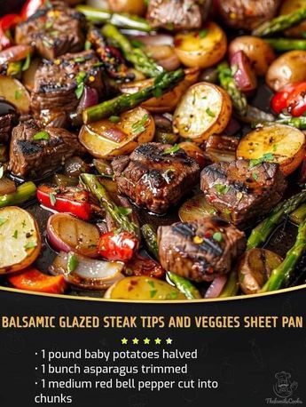 Mediterranean Kitchen Recipes | Balsamic Glazed Steak Tips and Veggies Sheet Pan | Facebook Glazed Steak, Balsamic Steak, Nigella Lawson Recipes, Steak Tips, Seasoned Veggies, Sirloin Steak, Easy Recipes For Beginners, Steak Bites, Tasty Kitchen