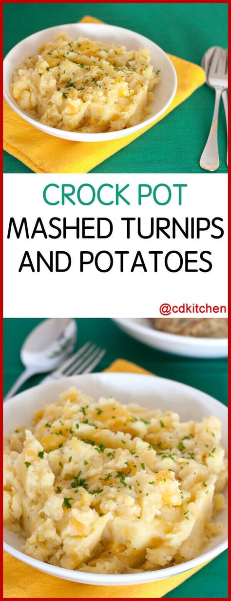 Slow Cooker Mashed Turnips And Potatoes - Turnips add a little extra flavor to the potatoes in this easy crock pot dish. The end result is a creamy, flavorful mashed potato dish that is perfect for any occasion. Made with turnips, potatoes, onion, salt, water, light cream, butter, black pepper | CDKitchen.com Turnips And Potatoes Recipe, Mashed Turnips, Christmas Supper, Vegetable Slow Cooker, Turnip Recipes, Burns Supper, Burns Night, Cream Butter, Vegan Sides