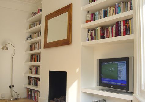 Victorian Shelving, Alcove Bookshelves, Shelves Around Fireplace, Alcove Shelves, Alcove Storage, Alcove Cupboards, Alcove Shelving, Carpentry And Joinery, Living Room Decor Fireplace