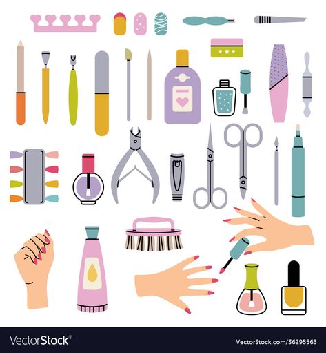 Nail Care Tools And Equipment Drawing, Nail Illustration, Nail Items, Nail Tech Supplies, Nail Care Tools, Women Haircut, Nails Pedicure, Nail Equipment, Collection Illustration