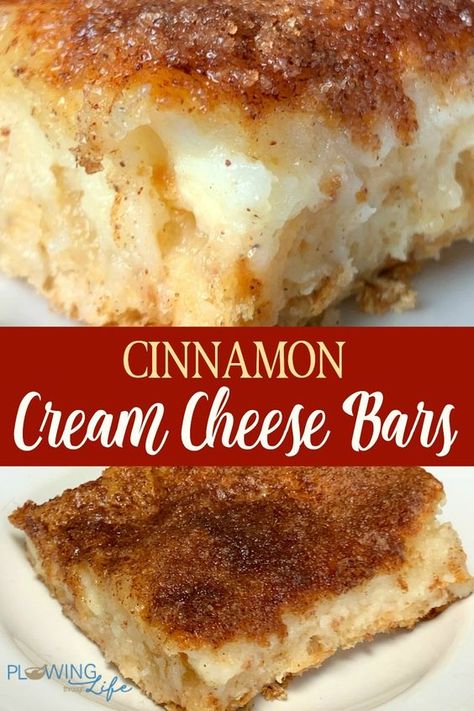 The cinnamon-sugar topping on Cinnamon Cream Cheese Bars reminds me of an elephant ear or churros. This dessert bar recipe is much easier to make at home with crescent roll dough and has a layer of cream cheese for extra goodness! Cream Cheese Crissonts, Cresent Roll Cream Cheese Bars, Cream Cheese With Crescent Rolls, Churro Crescent Rolls, Desert With Cresent Roll And Cream Cheese, Things To Make With Croissant Dough, Cinnamon Cream Cheese Crescent Roll Bake, Cresent Roll Cream Cheese Desert, Churro Cream Cheese Bars