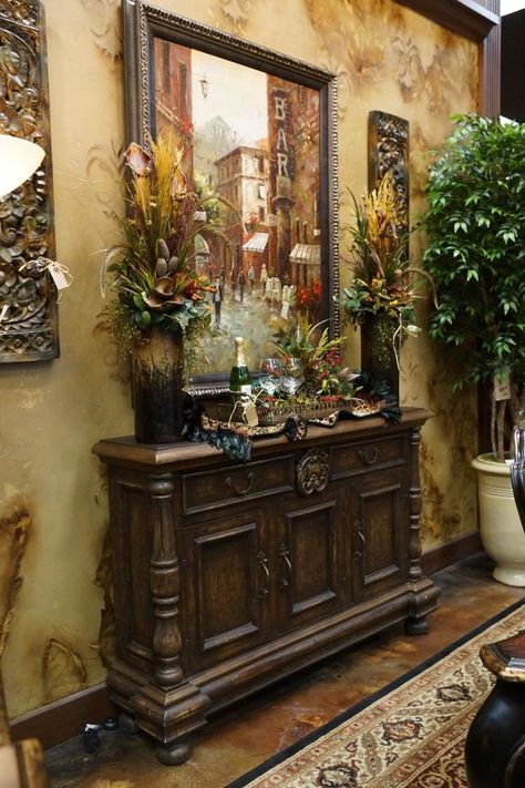 Great shallow console fits an many spots. Come visit our showroom, Carter's Furniture, Midland, Texas 432-682-2843: Tuscan Furniture, Tuscany Decor, Midland Texas, Tuscan Decor, Pot Racks, Decorating Bookshelves, Tuscan Design, Foyer Decor, Mediterranean Home Decor