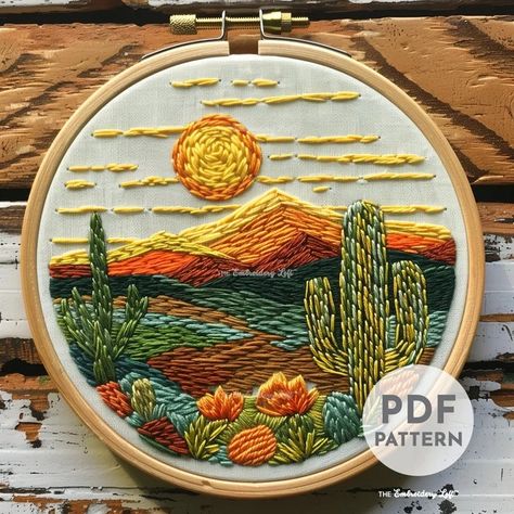 TheEmbroideryLoftCo - Etsy Yosemite Embroidery, Modern Embroidery Patterns Free, Hawaii Embroidery, 70s Embroidery, Desert Embroidery, Embroidery Reference, Book Embroidery, Embroidery Landscape, Embroidered Cactus