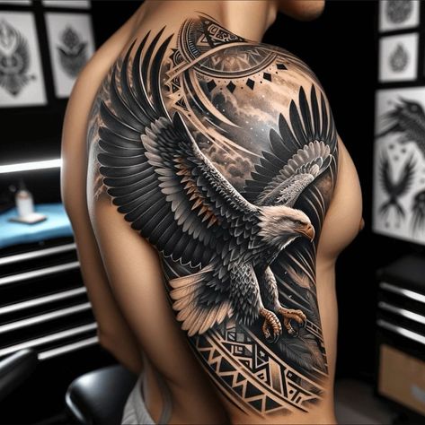 Eagle Leg Tattoo Men, Eagle Tattoos Men, Shoulder Tattoo Cover Up, Eagle Back Tattoo Men, Cool Eagle Tattoo, Eagle Sleeve Tattoo Men, Eagle Tattoo Ideas For Men, Half Arm Tattoo Men, Eagle Leg Tattoo