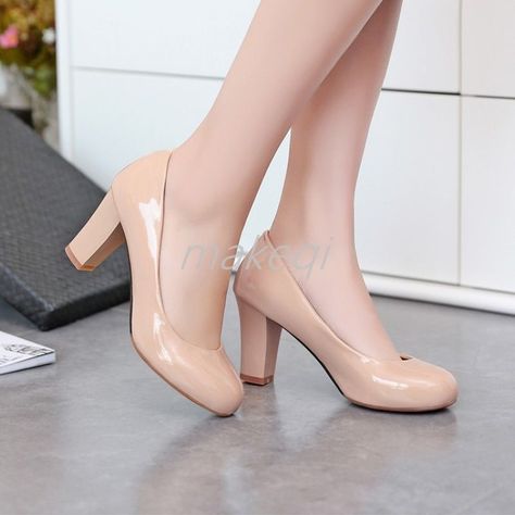 Sexy Womens Pointy Toe Slip On Block Heel Pumps Shoes Us 4-12.5 Plus Size Us Nude High Heels, High Heel Dress, White High Heels, Casual High Heels, Chunky High Heels, Classic Pumps, Pumps Shoes, Pump Dress, Shoes Woman