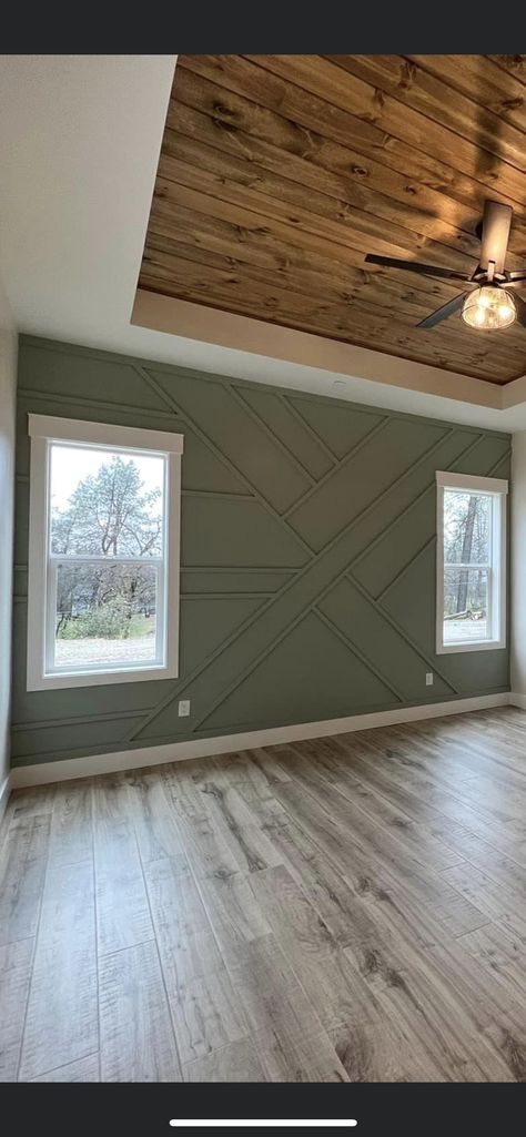 Grey Walls With Stained Wood Trim, Master Bed Accent Wall With Windows, Bonus Room Accent Wall Ideas, Master Accent Wall Ideas With Windows, Focal Wall With Window, Olive Shiplap Wall, Bedroom Accent Wall Between Windows, Master Accent Wall With Windows, Bedroom Window Accent Wall