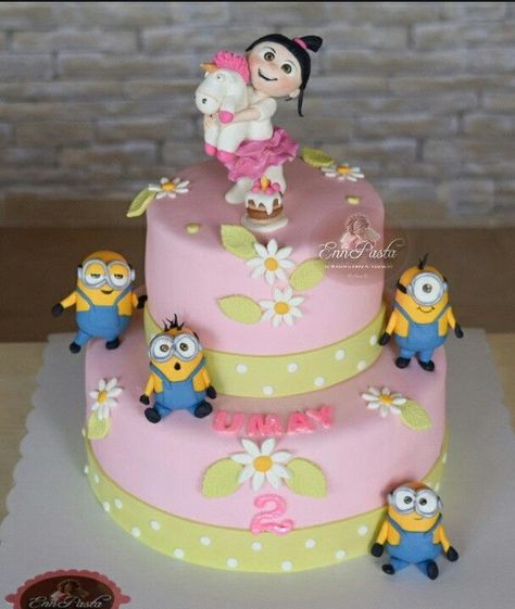 Adorable Despicable Me cake featuring Agnes, her unicorn, and Minions galore! Agnes Minions, Girl Minion Cake, Girl Minion Birthday Party, Birthday For Him Ideas, Despicable Me Cake, Despicable Me Party, Minion Birthday Cake, Minions Birthday, Happy Birthday Minions