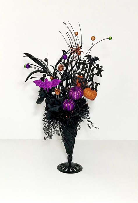 Halloween Party Decoration Trick or Treat Sign, Black Roses Pumpkins Tall Kid Friendly Party Table Decoration, Metal Spiral Vase, Handmade Spiral Vase, Halloween Floral Arrangements, Kid Friendly Party, Trick Or Treat Sign, Halloween Party Decoration, Party Table Centerpieces, Halloween Floral, Roses Black, Halloween Centerpiece