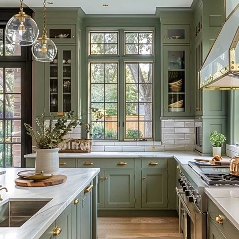 12 Stylish Painting Kitchen Cabinets Ideas with Green and Gold Combinations • 333k+ Inspiring Lifestyle Ideas Green And White Two Tone Kitchen, Green Modern Farmhouse Kitchen, Sage Green And Gold Kitchen, Green Cabinets Gold Hardware, Green And Gold Kitchen Ideas, Green And Copper Kitchen, Green Gold Kitchen, Rustic Green Kitchen, Seafoam Kitchen