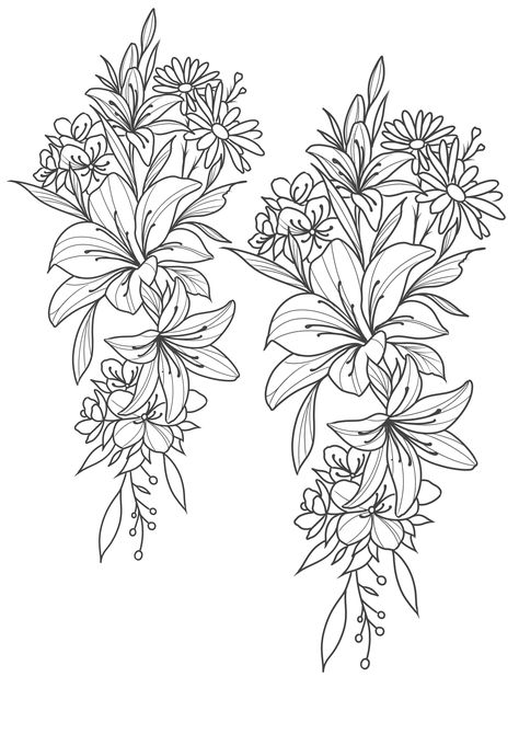 Lilly And Daisy Tattoo, Lily And Daisy Tattoo, Card Making Flowers, Wildflower Drawing, Flower Tattoo Drawings, Tattoo Themes, Flower Line Drawings, Daisy Tattoo, Leather Designs