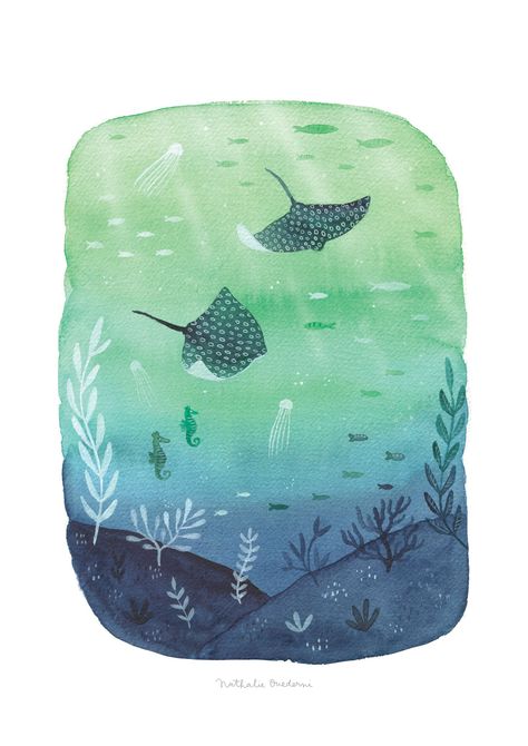 Blue and green underwater illustration by Nathalie Ouederni Underwater Illustration, Underwater Background, Underwater Painting, Sea Life Art, Underwater Art, Design Box, Watercolour Inspiration, Sea Art, Watercolor Inspiration