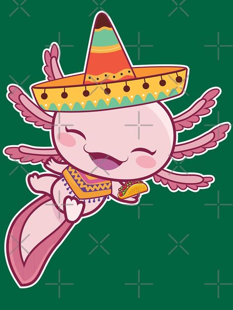 Axolotl Mural, Mexican Sanrio, Mexican Kawaii, Anime Axolotl, Mexican Axolotl, Mexican Animals, Axolotl Illustration, Cute Kawaii Anime, Hispanic Art