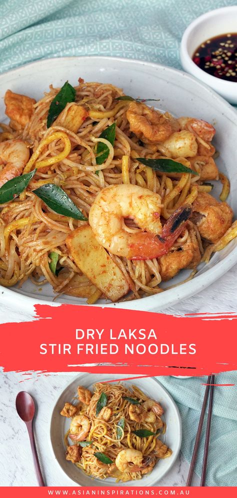 Dry Laksa Stir Fried Noodles is delicious like soup laksa, with noodles, prawns, tofu puffs in laksa paste and coconut milk. Try this now! Recipe by Asian Inspirations. #drylaksanoodles #drylaksastirfriednoodles #stirfryrecipes #noodles #noodlerecipes #laksa #laksarecipes #drylaksa #drylaksarecipes #stirfrynoodles #stirfrynoodlerecipes #malaysiandryalaksa #malaysianfood #malaysianfoodrecipes #singaporeanfood #singaporeanfoodrecipes #asianfoodrecipe Laksa Paste Recipe, Singaporean Recipes, Laksa Noodles, Noodles Dishes, Tofu Puffs, Tasty Noodles Recipe, Laksa Recipe, Noodles Asian, Food Panda