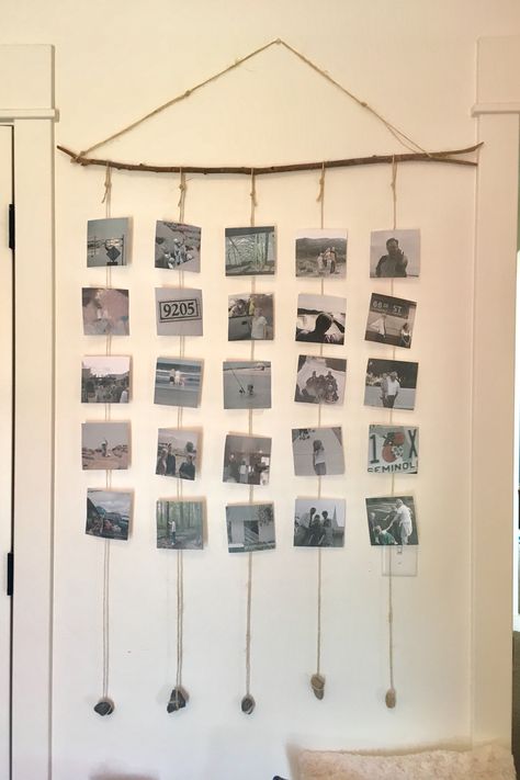 Photo wall hanging! DIY Boho picture collage Photo Wall Hanging Diy, Hanging Pictures With Rope, Pictures Hanging On String, Picture Collage Diy, Diy Macrame Photo Hanger, Picture Rope Wall Photo Displays, Wall Collage Boho, Diy Picture Collage, Rope Picture Hanger Photo Displays