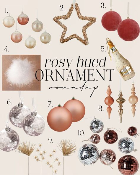 Discover our handpicked rosy-hued and sparkly ornaments to add festive flair to your holiday season! Christmas ornaments, pink Christmas ornaments, glittery ornaments, Christmas decor, holiday ornaments, pink Christmas tree, Christmas tree, neutral Christmas decor, pink holiday decor, sparkle ornaments. Christmas Tree With Blush Ornaments, Rose Gold Christmas Ornaments, Rose Gold Chrostmas Tree, Blush Pink Ornaments, Soft Pink Christmas Ornaments, French Christmas Decor, Pink Christmas Ornaments, Neutral Christmas Decor, Coastal Christmas Decor